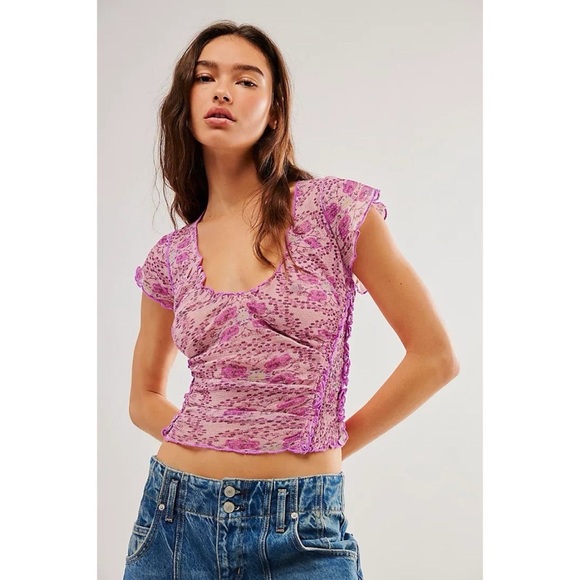 NEW Free People Oh My Baby Tee in Lilac Combo Fitted Cropped Scoop Neck - Picture 1 of 8